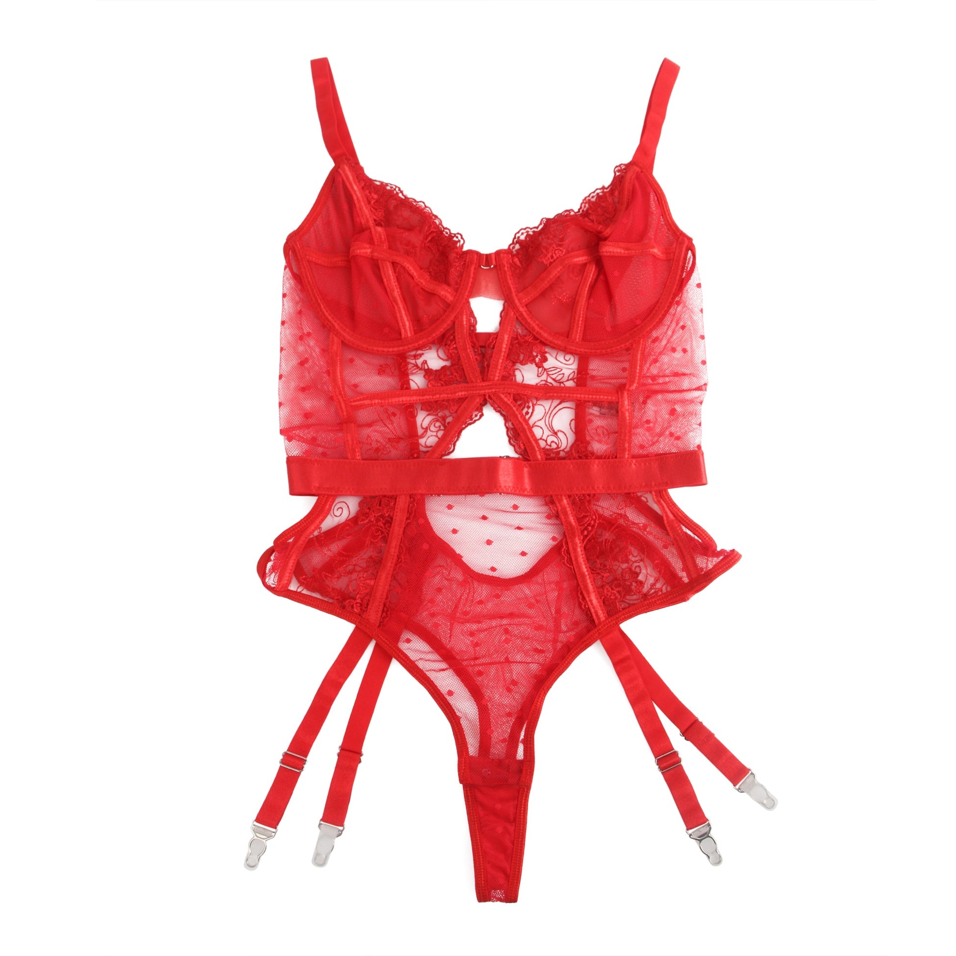 Oh Yeah - Body in Pizzo con Reggicalze Incorporato - Rosso