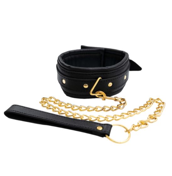 Fantasy Fetish - Collare con Guinzaglio Luxury - Nero con Dettagli Dorati