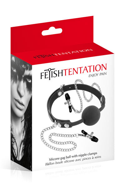 Fetish Tentation- - Ball Gag Classica con Pinze per Capezzoli - Nera