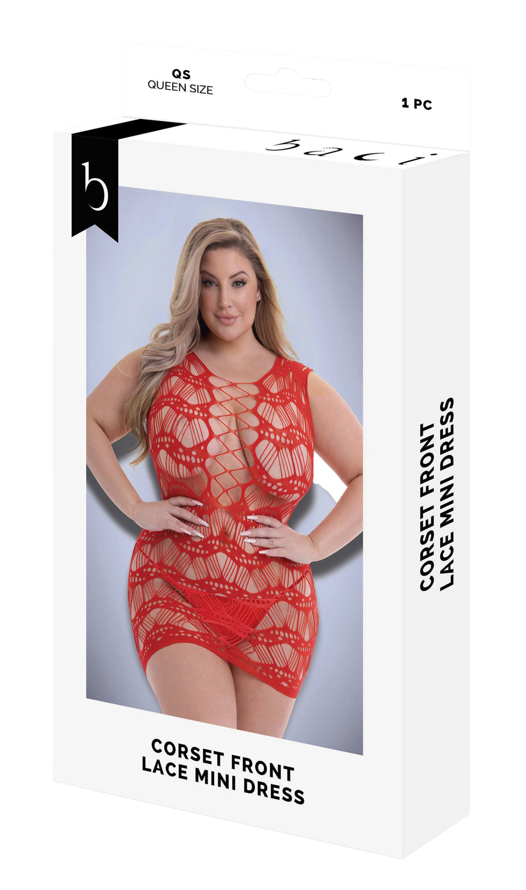 MINI ABITO IN PIZZO FRONTALE CON CORSETTO BACI ROSSO, QS