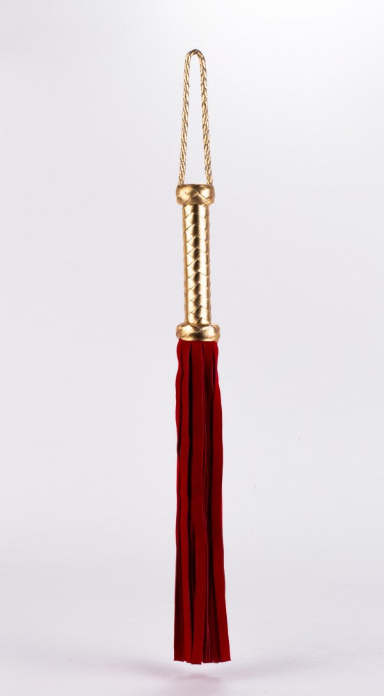 Frusta con manico in pelle metallizzata e code in pelle scamosciata, rossa, 18"